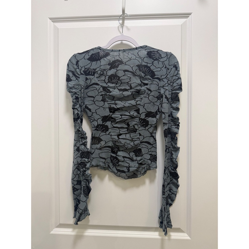 Free People Floral Mesh Ruched V-Neck Top Blue Black XS NEW Lettuce Edge Boho - Picture 2 of 6